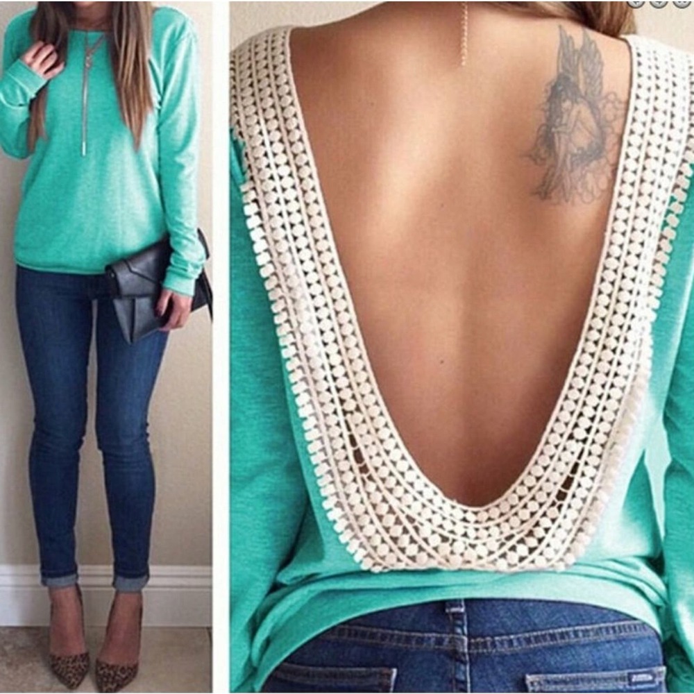 Jewel Neck Open Back White Trim Long Sleeve Blouse Top in Green Womens Medium